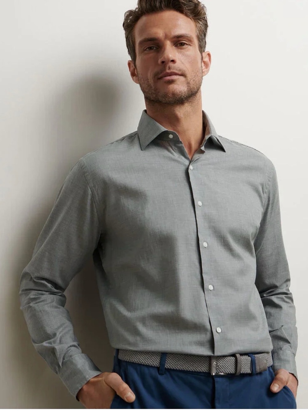 NWT Peter Millar Highlands Soft Twill Cotton Sport Shirt: Gale Grey (Large)